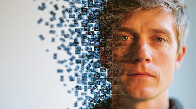 Pixel fragments drift from a realistic face exploring digital identity loss in concept art
