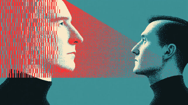 Bold pop-art duo with barcode dissolve delivers sharp satirical take on consumer identity