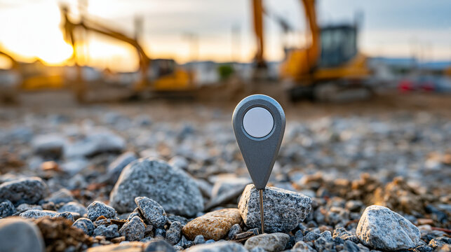 Location pin marker placed on an active construction site with heavy machinery and dramatic sunset lighting, defocused site background, construction location concept, with copy