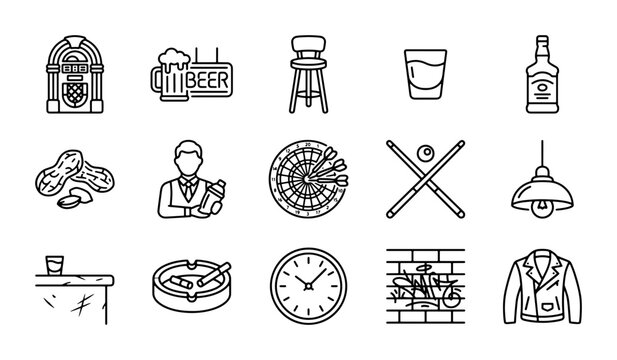 Bar Icons Set, Retro Jukebox, Beer Sign, Bartender, Whiskey Bottle, Pool Cues, Leather Jacket