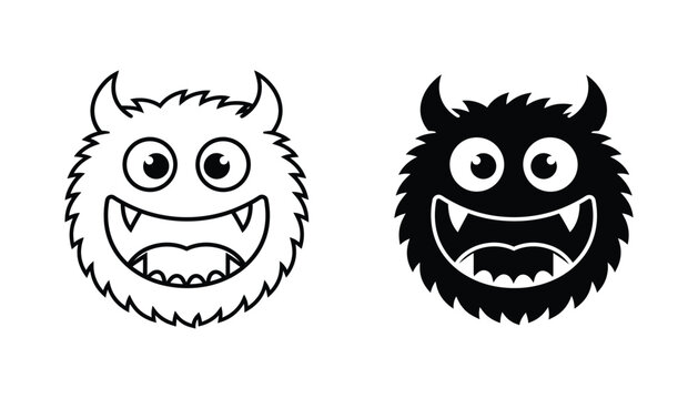 Cute furry monster face with horns vector illustration and silhouette set for kids character design