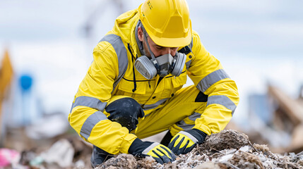 Fototapeta premium Worker in yellow protective gear and gas mask inspecting debris at a construction site, safety assessment and hazard management concept, with copy space
