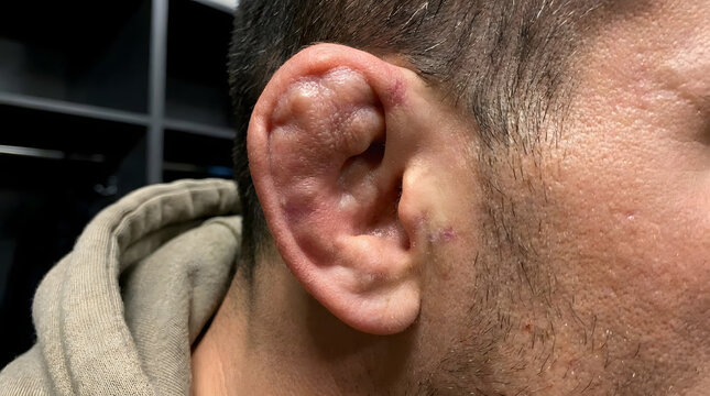 Close-up of human ear with cauliflower ear deformity in natural light