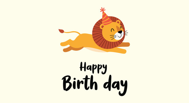 Cheerful birthday illustration featuring a jumping cartoon lion with a party hat and the text happy birth day on a warm yellow backdrop.