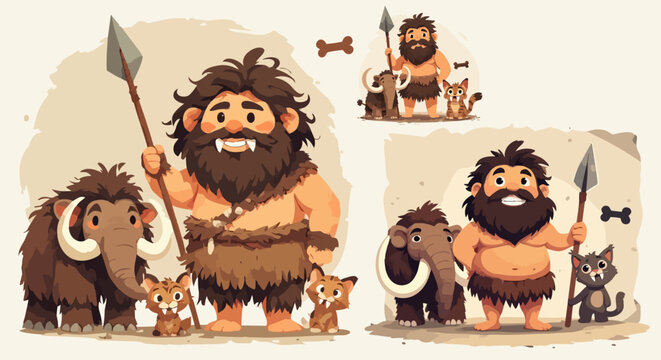 Prehistoric caveman character set with woolly mammoth and saber-toothed cat, stone age hunter vector illustration, primitive man with spear and bone