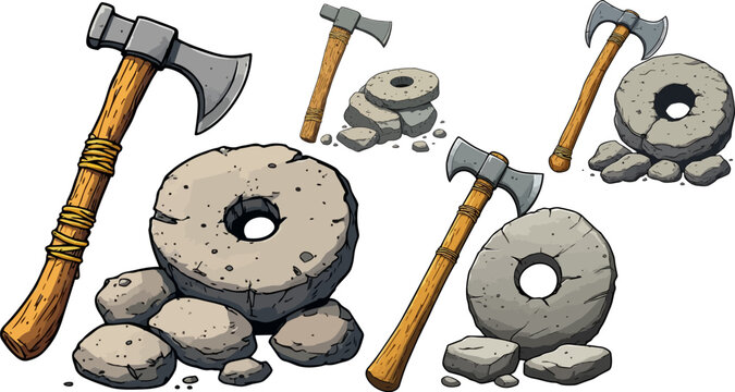 Medieval fantasy axe and stone wheel set, cartoon battle axe with wooden handle, ancient stone mill and rock collection for game design