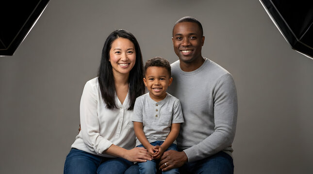 Smiling Family Studio Portrait with Mother Father and Young Son Together