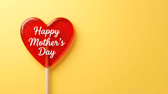 Red heart shaped Happy Mother Day candy on yellow background with copy space Mother Day Greeting