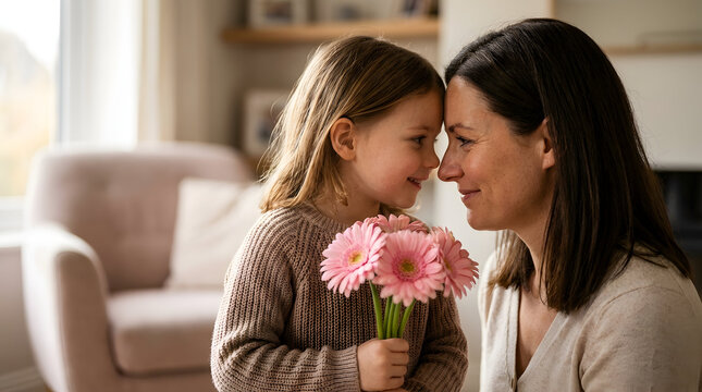 Happy Mother Day Mother and Daughter Sharing Loving Moment with Pink Flowers at Home