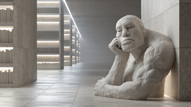Marble Golem Librarian Slumped Before Vast Empty Shelves in Desaturated Stone Haze