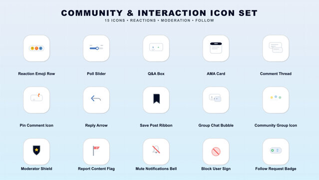 Community and interaction icon set for online platforms Vector