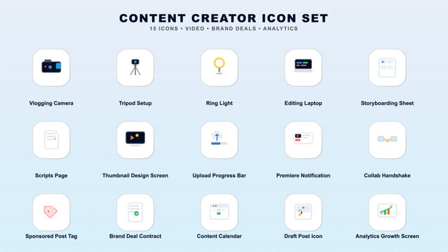 Content creator icon set for video, gaming, and analytics Vector