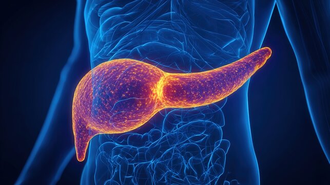 Pancreatitis 3D medical anatomy illustration, inflammation of human pancreas organ, acute and chronic pancreatic disorder, digestive system gland damage, gastrointestinal pathology, pancreatic enzyme 
