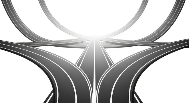 Abstract illustration of multiple converging roads leading to a bright horizon isolated on transparent background