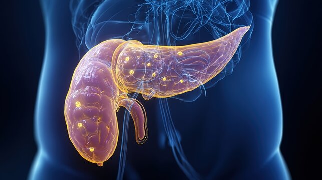 Pancreatitis 3D medical anatomy illustration, inflammation of human pancreas organ, acute and chronic pancreatic disorder, digestive system gland damage, gastrointestinal pathology, pancreatic enzyme 