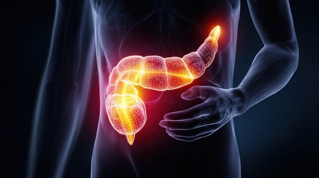 Pancreatitis 3D medical anatomy illustration, inflammation of human pancreas organ, acute and chronic pancreatic disorder, digestive system gland damage, gastrointestinal pathology, pancreatic enzyme 