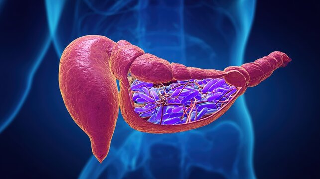 Pancreatitis 3D medical anatomy illustration, inflammation of human pancreas organ, acute and chronic pancreatic disorder, digestive system gland damage, gastrointestinal pathology, pancreatic enzyme 