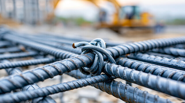 Close-up of reinforced steel rebar tied and positioned in a concrete foundation mold, structural engineering concept, with copy space