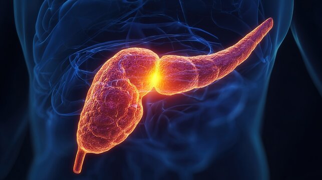 Pancreatitis 3D medical anatomy illustration, inflammation of human pancreas organ, acute and chronic pancreatic disorder, digestive system gland damage, gastrointestinal pathology, pancreatic enzyme 