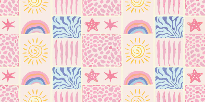 patchwork pattern with sun rainbow and star motifs vector illustration