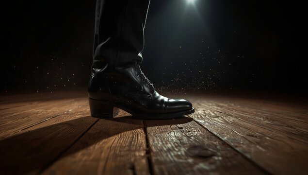 Low-angle close-up of a professional flamenco boot in motion with dramatic stage lighting and splinters
