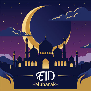 Nighttime Eid Mubarak vector illustration with dark blue sky, stars and mosque silhouette