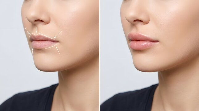 Before after lip treatment comparison showing dry cracked chapped lips versus smooth soft hydrated healthy lips on woman demonstrating lip care cosmetic beauty results