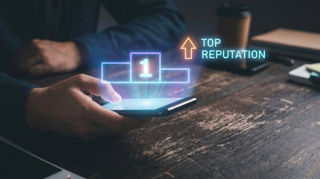 Reputation Management and Leadership Success Concept: Hand Holding Smartphone with Holographic Winners' Podium, Growth Trend, and 'TOP REPUTATION' Text
