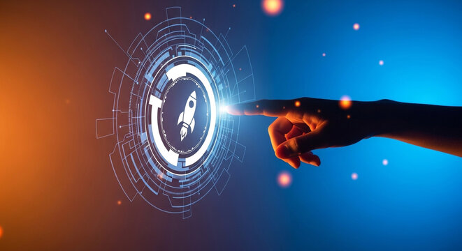 Hand interacting with futuristic interface featuring a rocket ship in a circular graphic design element closely