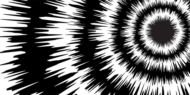 abstract black and white radial burst pattern, concentric circles with sharp spiky rays, high contrast optical illusion design, hypnotic vortex explosion effect, Vol 2