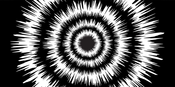 abstract black and white radial burst pattern, concentric circles with sharp spiky rays, high contrast optical illusion design, hypnotic vortex explosion effect