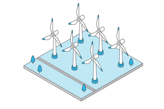Cyan and black isometric wind power farm illustration with wind turbines and renewable energy concept