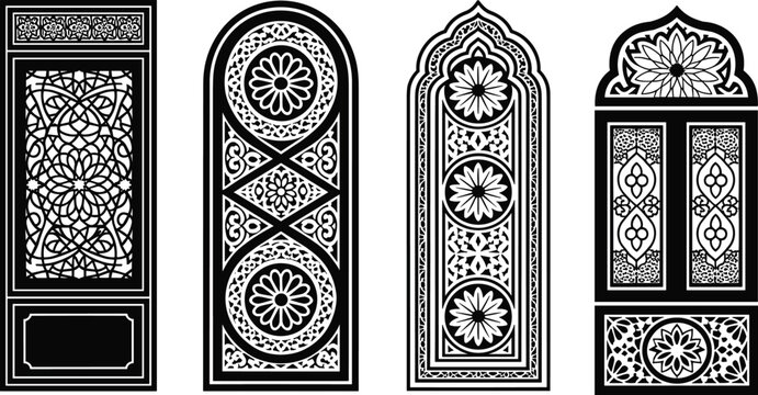 Islamic and Middle Eastern ornamental window and panel designs featuring arches, floral motifs, latticework, and geometric symmetry in black-and-white architectural styleIslamic and Middle Eastern orn