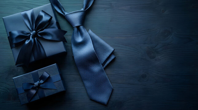 Elegant father's day gifts navy blue presents and tie on wooden background