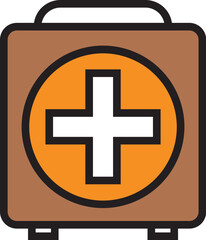 Fototapeta premium Cartoon brown first aid kit icon with white cross on vibrant orange emblem.