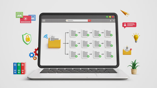 Digital Document Management System. Data Structure, Cloud Storage, Files Organization Workflow, Files Automation and Online Data Access. DMS Dashboard on Laptop. 3D Illustration