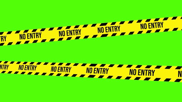 No Entry: A close-up view of vibrant yellow caution tape, boldly emblazoned with the words NO ENTRY, stretched taut against a striking green backdrop.