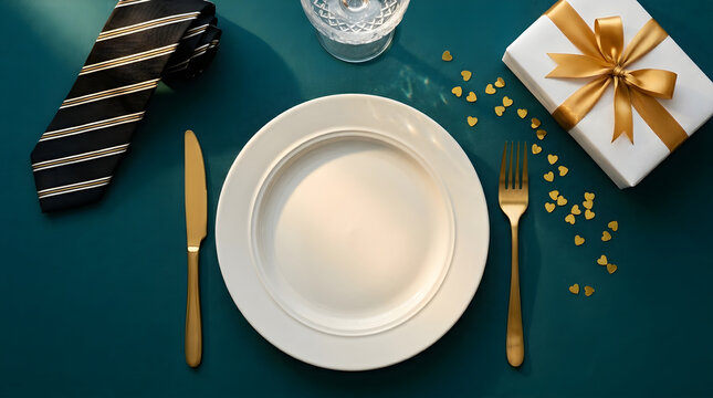 Fathers day table setting elegant dinner plate tie gift box and gold accents