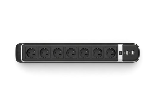 Black power strip with multiple electrical outlets and USB ports for charging electronic devices in home or office settings