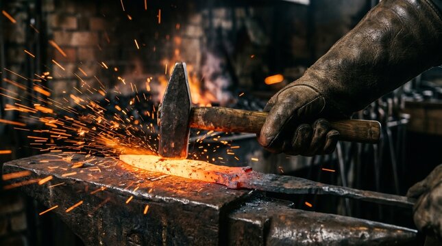 Blacksmith hammering glowing red hot metal on an anvil with sparks flying in a traditional forge workshop