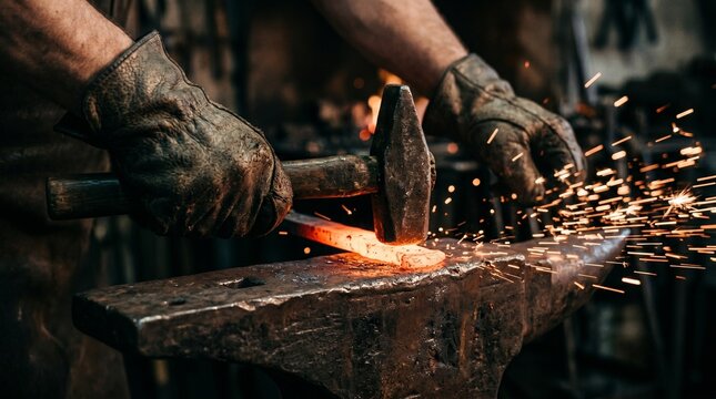 Blacksmith hammering glowing hot metal on an anvil with sparks flying in a workshop