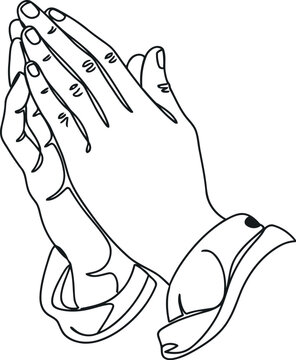 A simple black and white line art illustration featuring a pair of hands joined in humble prayer.