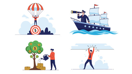 Set of business success illustrations featuring financial goals, leadership navigation, investment growth, and overcoming obstacles.