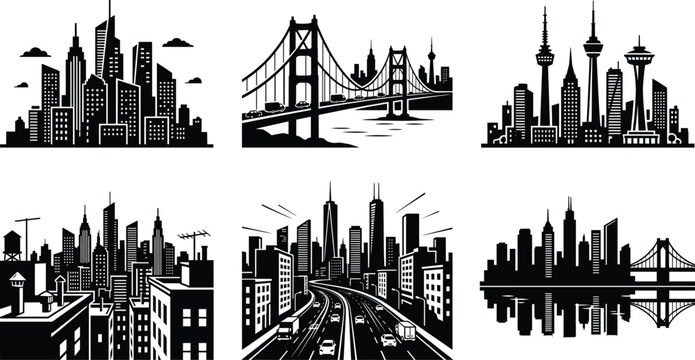 Cityscape silhouette collection modern skylines bridges and urban landmarks in black and white vector art