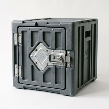 Grey plastic storage box with metal latches and hinges on white background.