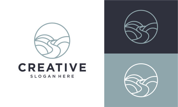 Elegant minimalist line art logo design showcasing a winding road or river through a natural landscape, neatly framed in a circle, symbolizing journey, growth, and exploration