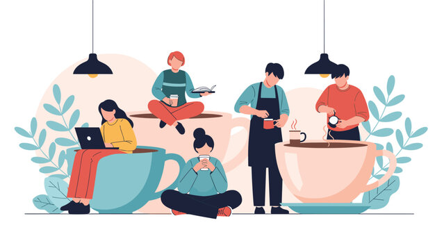 Group of miniature people enjoy various coffee-related activities including brewing and relaxing on giant oversized coffee cups and saucers.