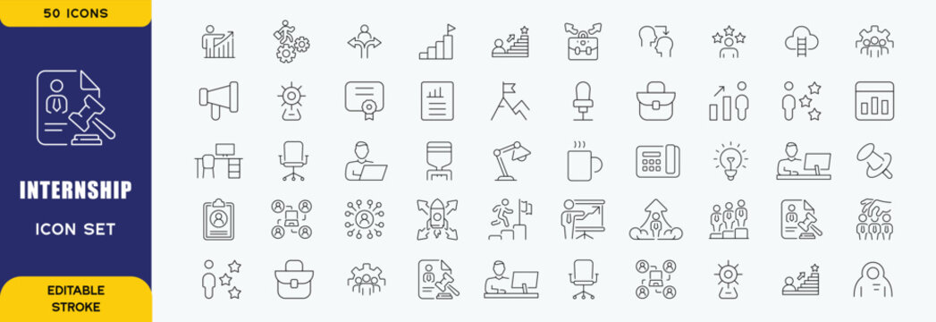 Internship icon set. Contain icons related to apprentice, experience, employee, train, transition, skill, work learn, and more. Editable stroke. Vector illustration