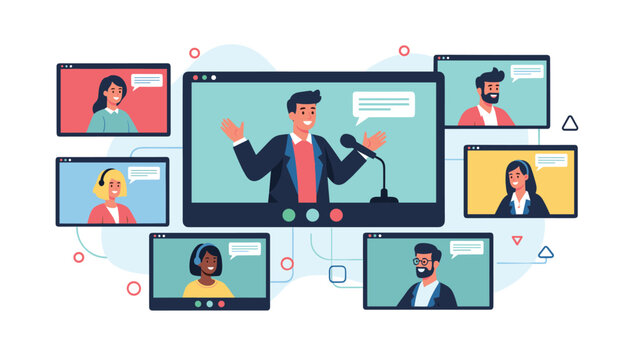 Online seminar or video conference call shows a speaker in the center surrounded by various diverse participants in smaller digital windows.