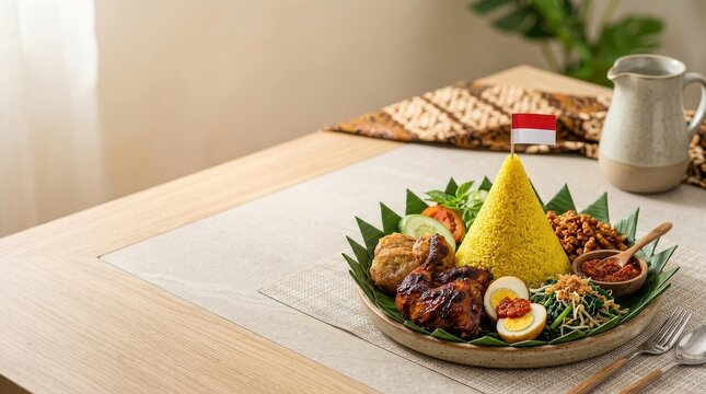 Tumpeng Nasi Kuning, Traditional Indonesian Cone-Shaped Yellow Rice with Side Dishes for Independence Day Celebration on a Wooden Table